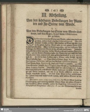 III. Abtheilung. Von den sichtbaren Bedeckungen der Planeten und Fix-Sterne vom Monde