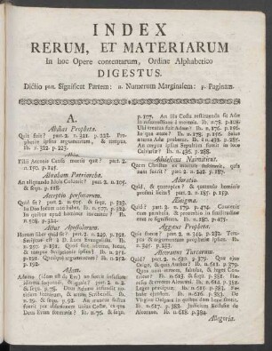 Index Rerum, Et Materiarum In hoc Opere contentarum, Ordine Alphabetico Digestus