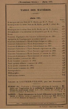 Table des matières. Juin 1884.