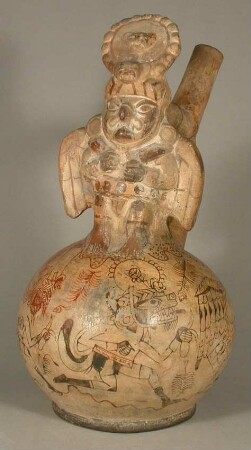 Applikation: anthropo-zoomorphe Figur (Eule); Fineline-Painting: anthropo-zoomorphe Figuren