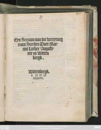 Eyn Sermon von der bereytung || czum Sterben Doct: Mar=||tini Luther Augusti=||ner zu Witten||bergk.||