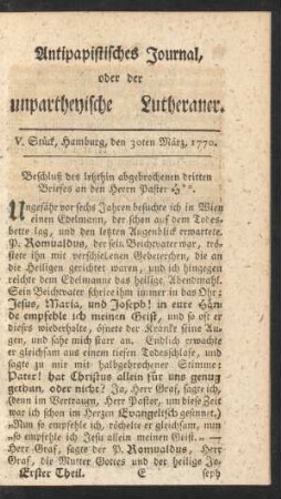 V. Stück, Hamburg, den 30ten März, 1770