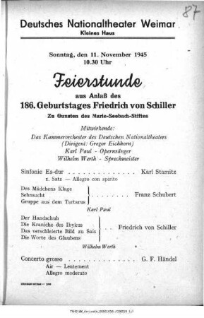 Feierstunde aus Anlaß des 186. Geburtstages Friedrich von Schiller