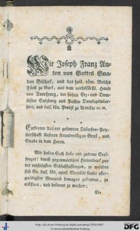 Hirtenbrief über die den augsburgischen und helvetischen Religionsverwandten, dann den nicht unirten Griechen gestattete christliche Toleranz.