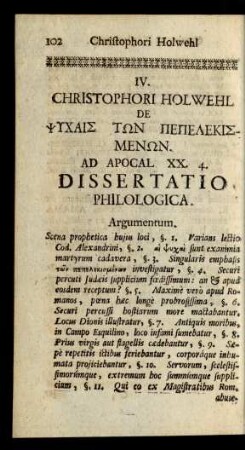 IV. Christophori Holwehl Ad Apocal. XX. 4. Dissertatio Philologica.