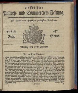 43tes Stueck, Montag den 27ten October. 1783