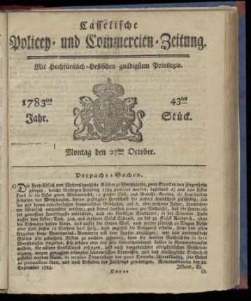 43tes Stueck, Montag den 27ten October. 1783