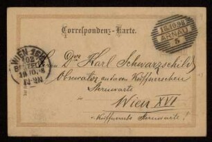 Nr. 9 Postkarte von Samuel Oppenheim an Karl Schwarzschild. Arnau, 18.10.1898