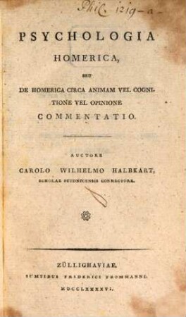 Psychologia Homerica, Seu De Homerica Circa Animam Vel Cognitione Vel Opinione Commentatio