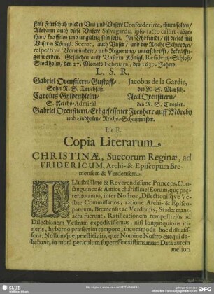 Lit. E. Copia Literarum. Chrstinae, Suecorum Reginae, ad Fridericum, Archi- & Episcopum Bremensen & Verdensem