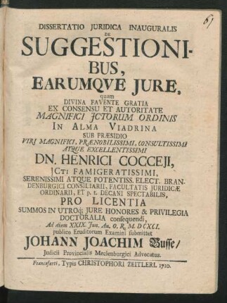 Dissertatio Iuridica Inauguralis De Suggestionibus, Earumque Iure