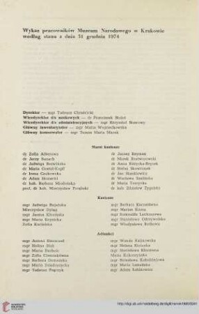 Wykaz pracowników Muzeum Narodowego w Krakowie według stanu z dnia 31 grudnia 1974