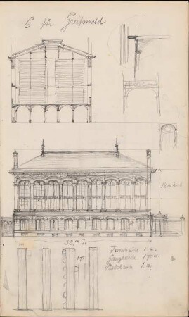 Universitätsbibliothek, Greifswald: Ansicht, Schnitt, Details (aus: Skizzenalbum 3)