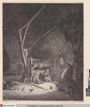 [Inneres einer Scheune mit einer Mutter und zwei Kindern, daneben ein Schwein; Interior of a barn with mother and two children, right in front a pig]