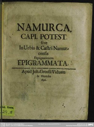 Namurca capi potest sive in Urbis et Castri Namurcensis expugnationem epigrammata