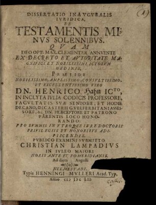Dissertatio Inavgvralis Ivridica, De Testamentis Minvs Solennibvs