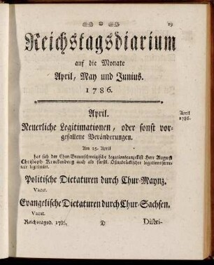 Reichstagsdiarium auf die Monate April, May und Junius 1786.