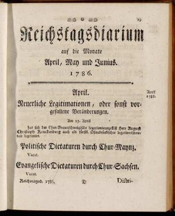 Reichstagsdiarium auf die Monate April, May und Junius 1786.