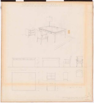 Preußischer Landtag, Berlin Umbau zum »Haus der Flieger«: Akademie für Luftfahrtforschung, Zimmer des Kanzlers (Schreibtisch, Sessel, Aktenständer): Perspektivische Ansicht, Ansichten, Grundrisse 1:10