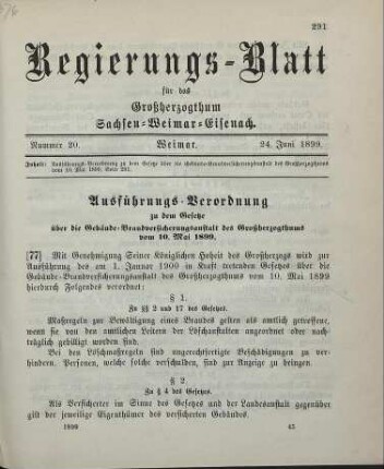 77. Ausführungs-Verordnung zu dem Gesetze über die Gebäude-Brandversicherungsanstalt des Großherzogthums vom 10. Mai 1899