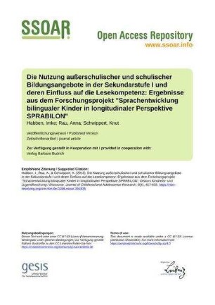 Die Nutzung außerschulischer und schulischer Bildungsangebote in der Sekundarstufe I und deren Einfluss auf die Lesekompetenz: Ergebnisse aus dem Forschungsprojekt "Sprachentwicklung bilingualer Kinder in longitudinaler Perspektive SPRABILON"