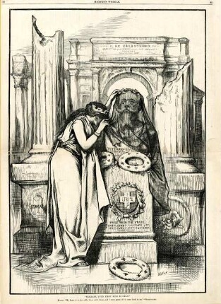 "Italians, your first King is dead." Italia. "My heart is in the coffin there with Caesar, and I must pause till it come back to me." - Shakespeare : Italia bedeckt eine Büste Viktor Emanuels II. mit einem schwarzen Schleier
