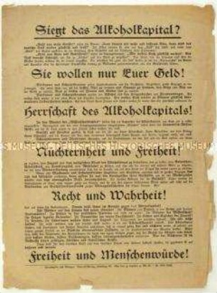 Flugblatt gegen die übermäßige Verwendung von Gerste und Kartoffeln zur Alkoholherstellung im Zuge von Nahrungsmittelknappheit