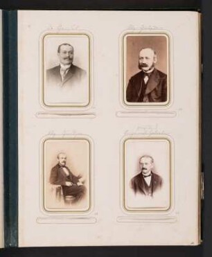 Albumseite 10 mit vier Cartes-de-visite (Porträts von Landtagsabgeordneten) unter Passepartout : Dem fünf und zwanzig Jahre hindurch treu bewährten und wohlverdienten Landtags-Abgeordneten Herrn Christian Gottlieb Riedel : gewidmet von seinen Collegen. Samteinband mit Metallbeschlägen und Metallschließe sowie Goldschnitt; 31 x 24,5 x 4 cm (1873). Dresden: SLUB/DF 2017.D.85