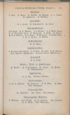 Landmesser. Lederhandlungen. Leistenschneider. Leihbibliothekare. Leimfabrik. Leinen-, Drell- [...]. Handlungen. Lichtfabriken. Liniiranstalten. Liqueurfabriken. Lithographische Anstalten. Lohgerber.]