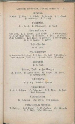 Landmesser. Lederhandlungen. Leistenschneider. Leihbibliothekare. Leimfabrik. Leinen-, Drell- [...]. Handlungen. Lichtfabriken. Liniiranstalten. Liqueurfabriken. Lithographische Anstalten. Lohgerber.]