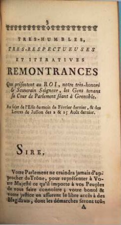 Deuxiemes Et Troisiemes Iteratives Remontrances Du Parlement De Grenoble : [A Grenoble ce 15 Octobre 1760]
