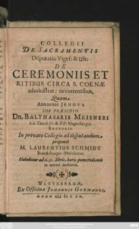 20: De Ceremoniis Et Ritibus Circa S. Coenae administrat: occurrentibus