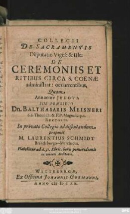 20: De Ceremoniis Et Ritibus Circa S. Coenae administrat: occurrentibus