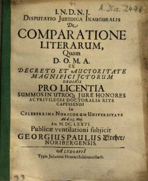 Disputatio Juridica Inauguralis De Comparatione Literarum