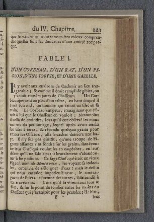 Fable I. D'un corbeau, d'un rat, d'un pigeon, d'une tortue, et d'une gazelle.