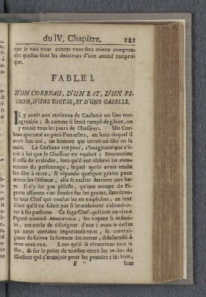 Fable I. D'un corbeau, d'un rat, d'un pigeon, d'une tortue, et d'une gazelle.