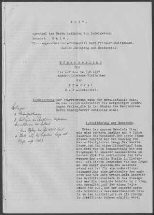 Bad Liebenzell mit Beinberg, Maisenbach-Zainen und Unterlengenhardt: Pfarrberichte 1. und 2. Pfarramt 1937