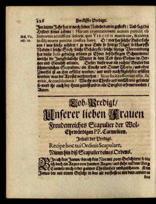 Lob-Predigt/ Unserer lieben Frauen Freudenreiches Scapulier der Wol-Ehrwürdigen PP. Carmeliten.