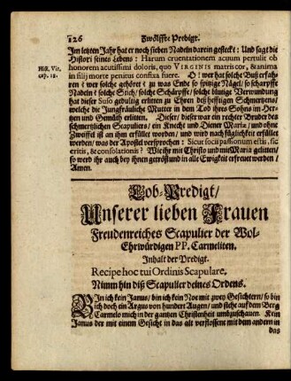 Lob-Predigt/ Unserer lieben Frauen Freudenreiches Scapulier der Wol-Ehrwürdigen PP. Carmeliten.