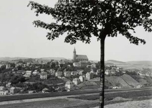 Schneeberg, Stadtansicht : Schneeberg. Ortsansicht mit Stadtkirche St. Maria und St. Wolfgang von Südwesten