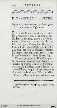 Dis-septième lettre: Nymphes, accounchemens, amour pour les enfans, hospitalité