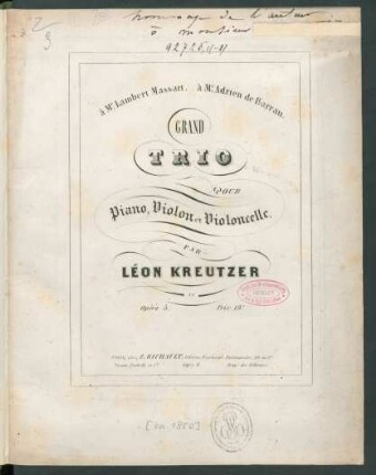 Grand Trio Pour Piano, Violon et Violoncelle : Opéra 5.