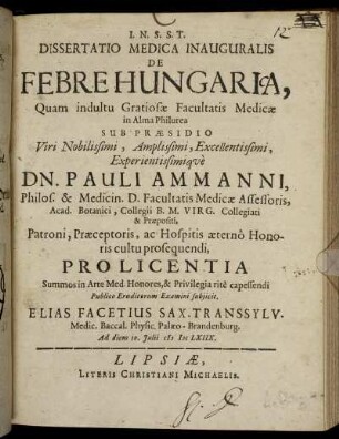 Dissertatio Medica Inauguralis De Febre Hungaria