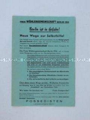 Propagandaflugblatt der Freien Wählergemeinschaft Berlin 1954 mit einer Einladung zur Teilnahme an einer öffentlichen Versammlung