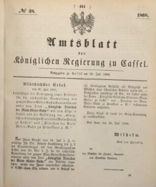 № 38. Ausgegeben zu Cassel am 29. Juli 1868.