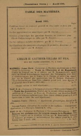 Table des matières. Avril 1889.