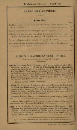 Table des matières. Avril 1889.