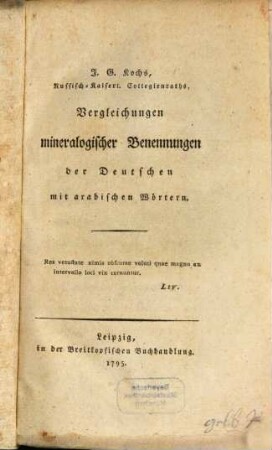J. G. Kochs, Russisch-Kaiserl. Collegienraths, Vergleichungen mineralogischer Benennungen der Deutschen mit arabischen Wörtern