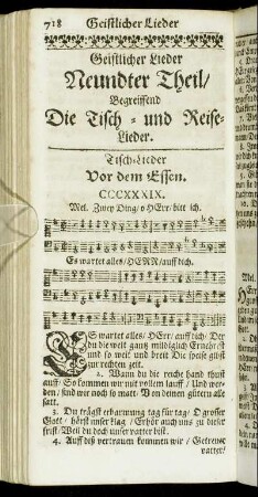 Geistlicher Lieder Neundter Theil/ Begreiffend Die Tisch- und Reise-Lieder.