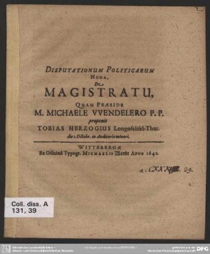 Disputationum politicarum nona de magistratu